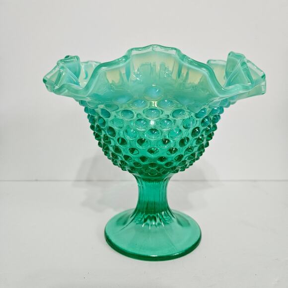 Fenton Emerald Green Hobnail Opalescent Compote 6" Glass Glows Crimped Ruffle